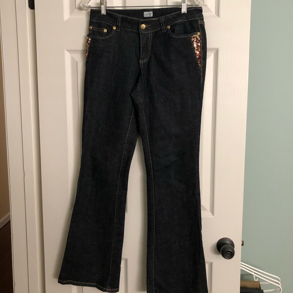 Cache gold sequin dark jeans, stretch,  4 bootcut